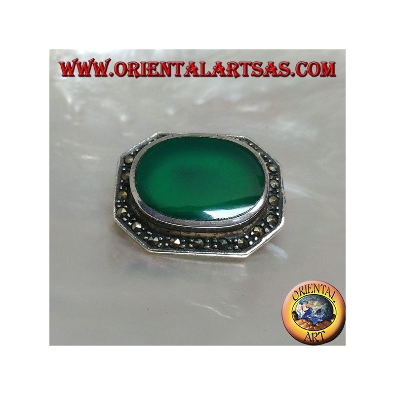 Elongated octagon shaped silver brooch with large oval green agate surrounded by marcasite