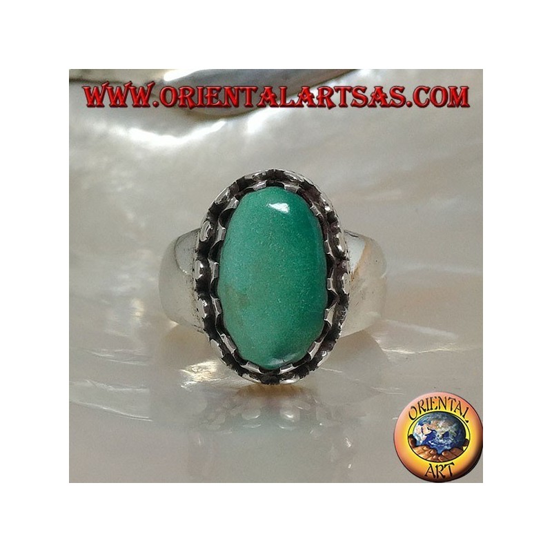 Silver ring with natural Tibetan antique oval turquoise set with discs with lateral weave