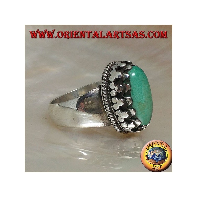 Bague en argent avec turquoise tibétaine antique ovale naturelle sertie de disques à tissage latéral