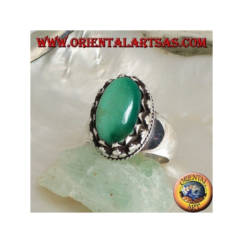 Bague en argent avec turquoise tibétaine antique ovale naturelle sertie de disques à tissage latéral