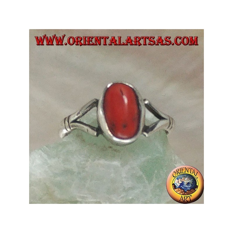 Silver ring with oval Tibetan antique coral hooked by two wires on a simple setting