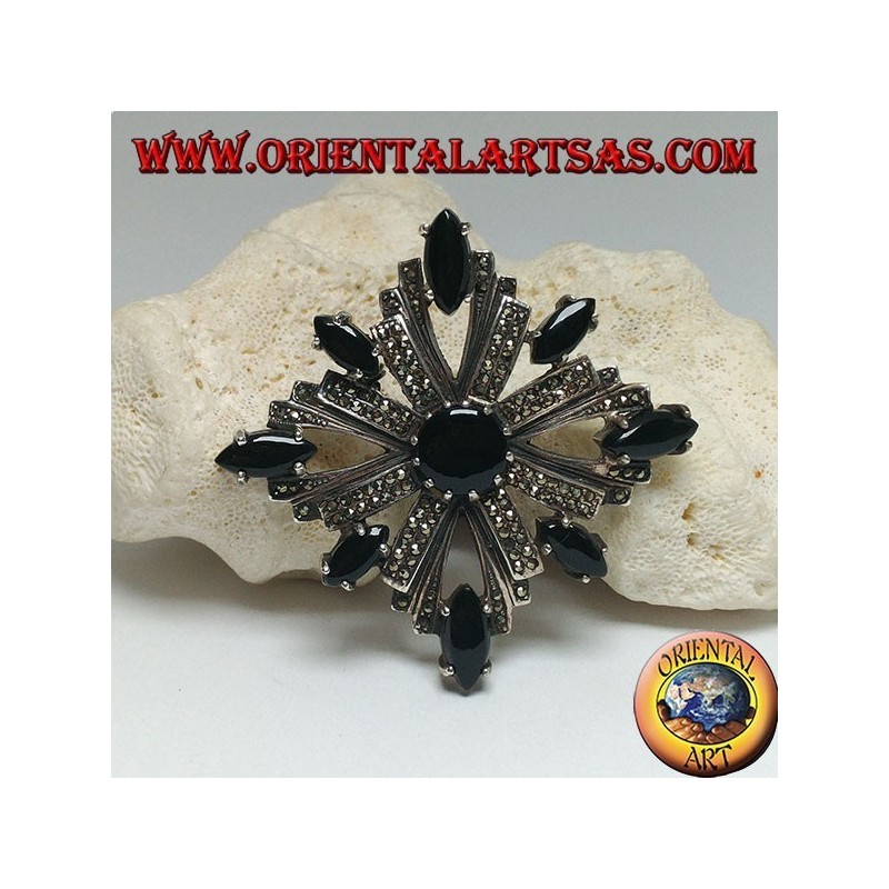 Silver brooch with Celtic cross studded with marcasite surrounded by shuttle onyxes and a central round