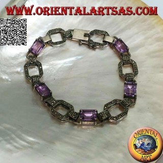 Pulsera de plata con 5 amatistas rectangulares naturales engastadas con anillos de marcasita.