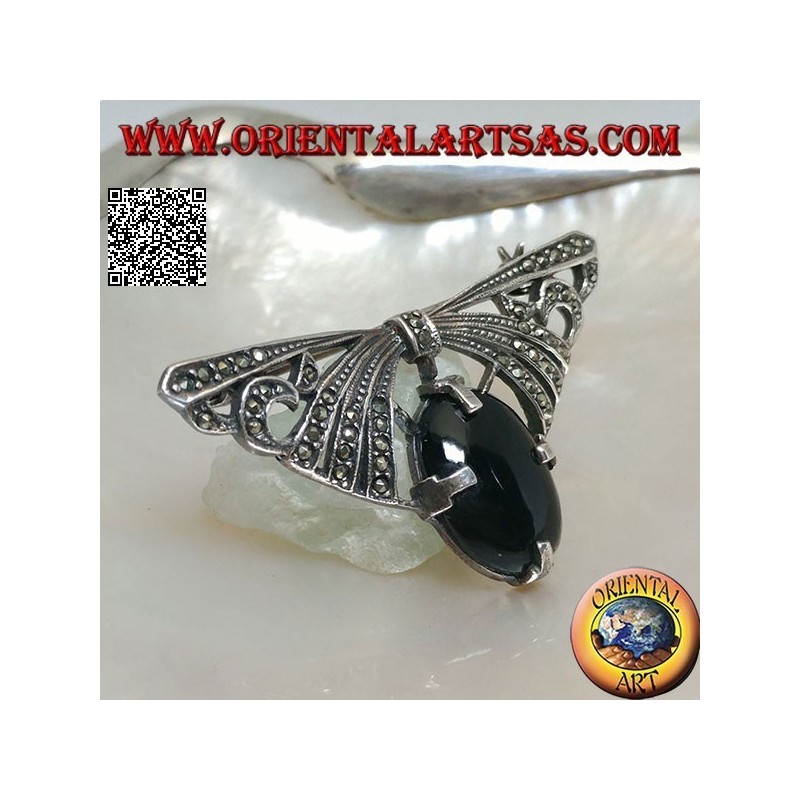 Silberbrosche in Form eines mit Markasit besetzten Bogens mit ovalem Onyx