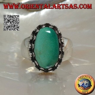 Anillo de plata con turquesa ovalada antigua tibetana natural engastada con discos con tejido lateral