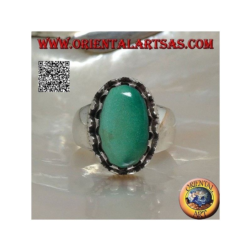 Silver ring with natural Tibetan antique oval turquoise set with discs with lateral weave