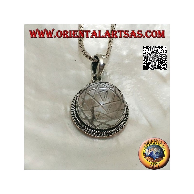 Silver pendant with Sri Yantra engraved on a round rock crystal and braided border