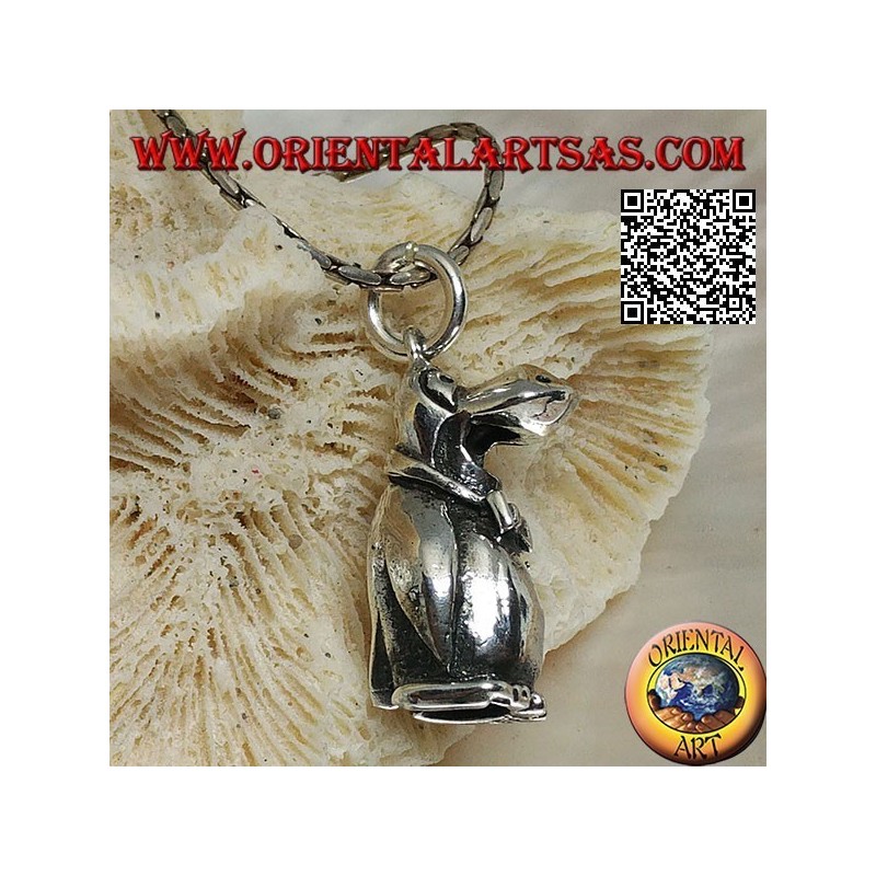 Three-dimensional penguin-shaped silver pendant with bow tie