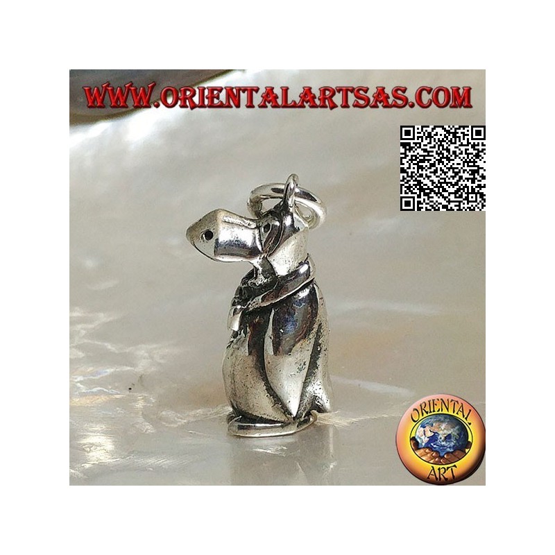 Three-dimensional penguin-shaped silver pendant with bow tie