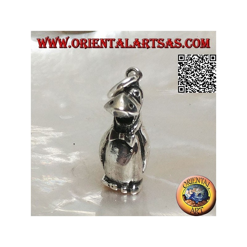 Three-dimensional penguin-shaped silver pendant with bow tie