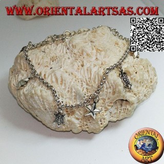 Soft silver chain bracelet with hanging stars and turtles