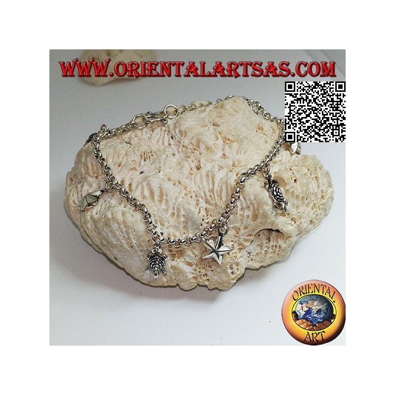 Bracciale in argento morbido a catena con stelle e tartarughe appese