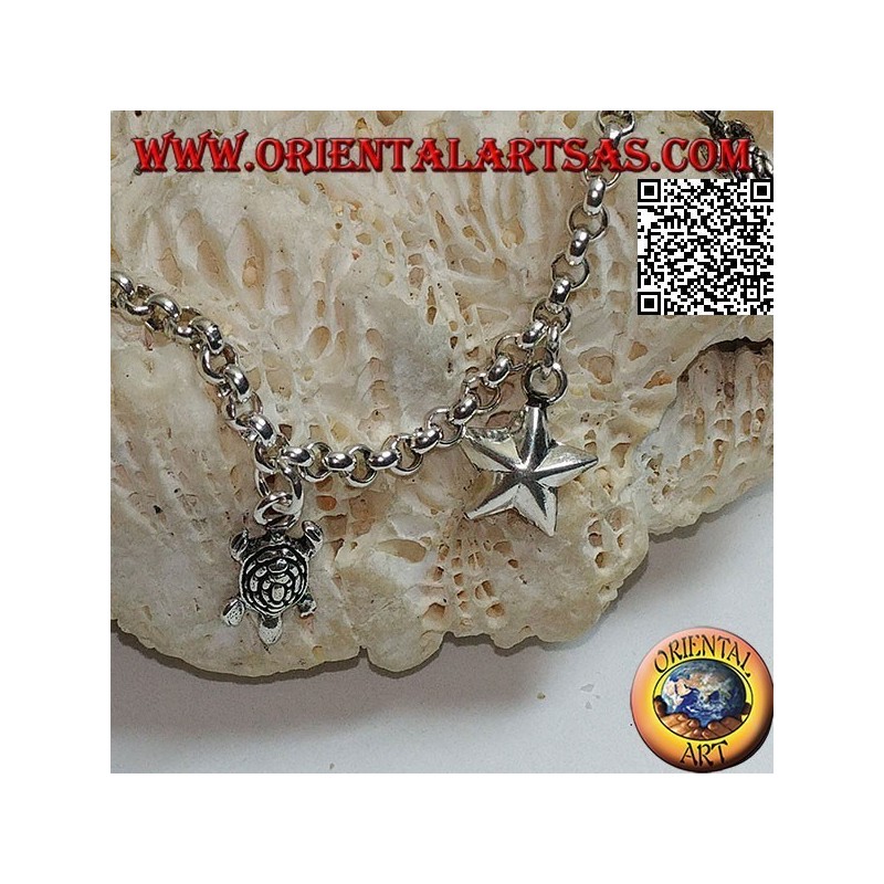 Bracelet chaîne en argent doux avec étoiles suspendues et tortues