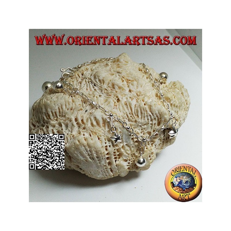 Bracelet chaîne en argent doux avec étoiles et cloches suspendues