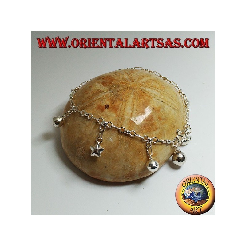 Bracciale in argento morbido a catenina con stelle e campanelli appesi