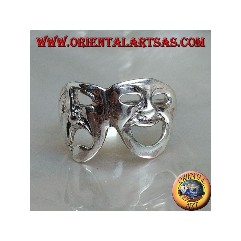 Silver ring theater masks of Greek comedy and tragedy