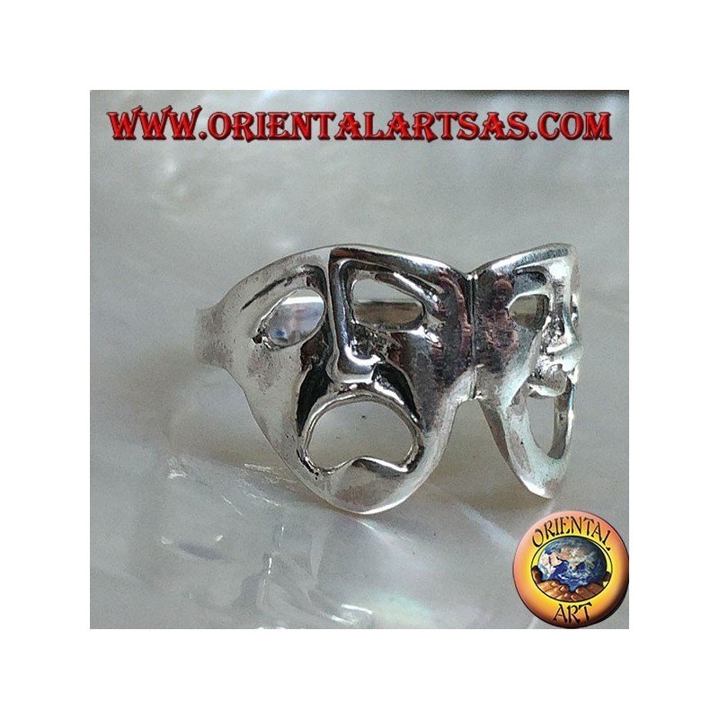 Silver ring theater masks of Greek comedy and tragedy