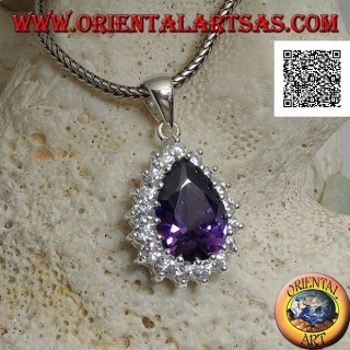 Silver pendant with drop-shaped amethyst colored zircon surrounded by white zircons