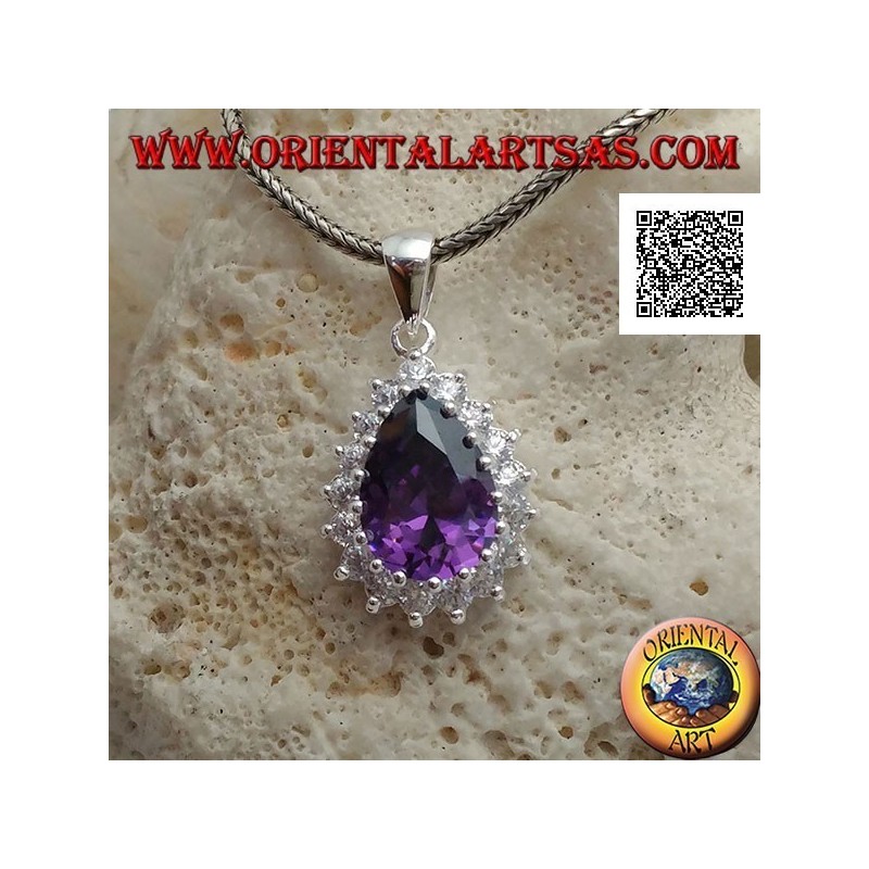 Colgante de plata con circón de color amatista en forma de gota rodeado de circonitas blancas