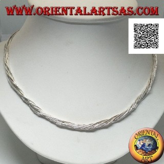 Collana in argento 925‰ a girocollo, tubicini in argento infilati in 7 fili intrecciati