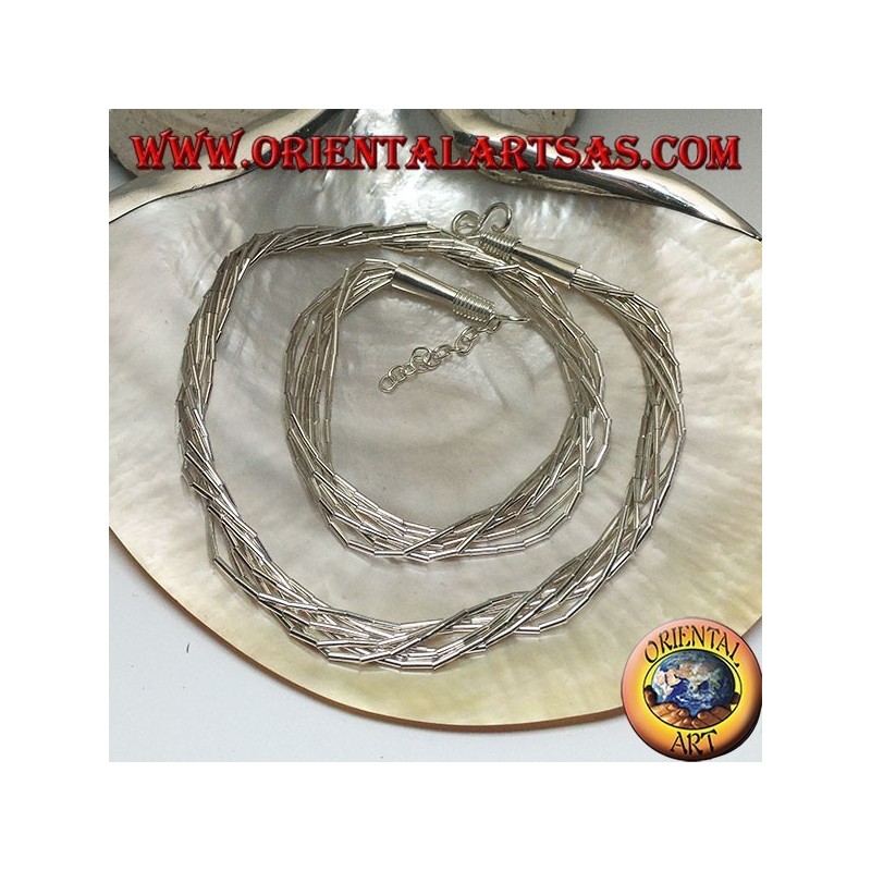 Collar en plata 925 ‰ con gargantilla, tubos plateados insertados en 7 hilos entrelazados