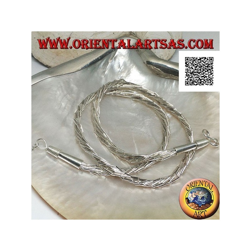 Collana in argento 925‰ a girocollo, tubicini in argento infilati in 7 fili intrecciati