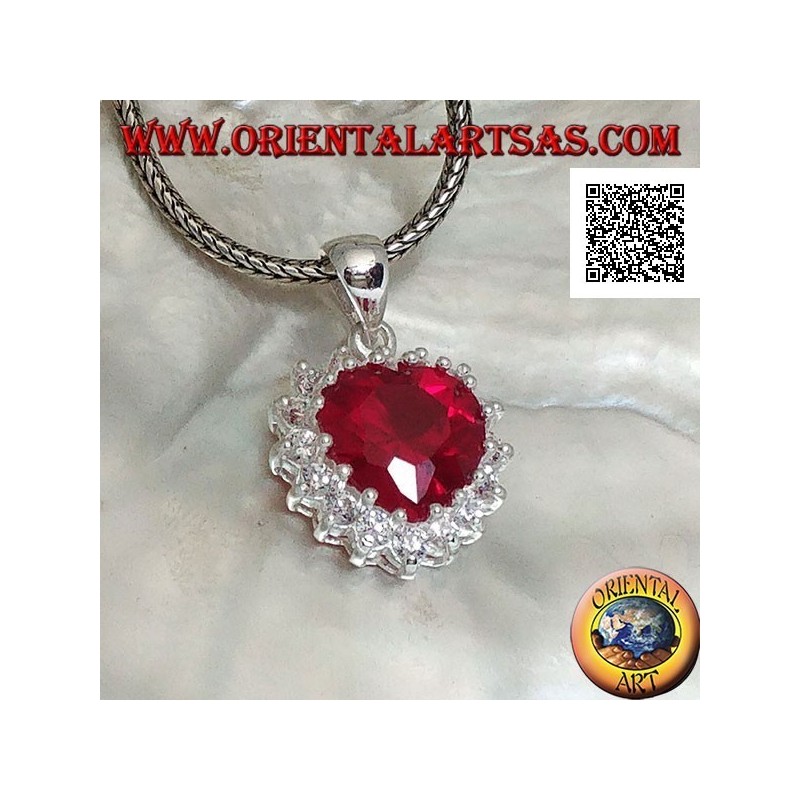 Silver pendant with heart-shaped ruby zircon surrounded by white zircons