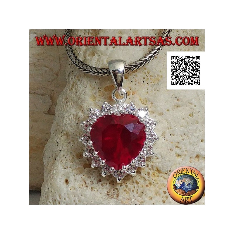 Silver pendant with heart-shaped ruby zircon surrounded by white zircons