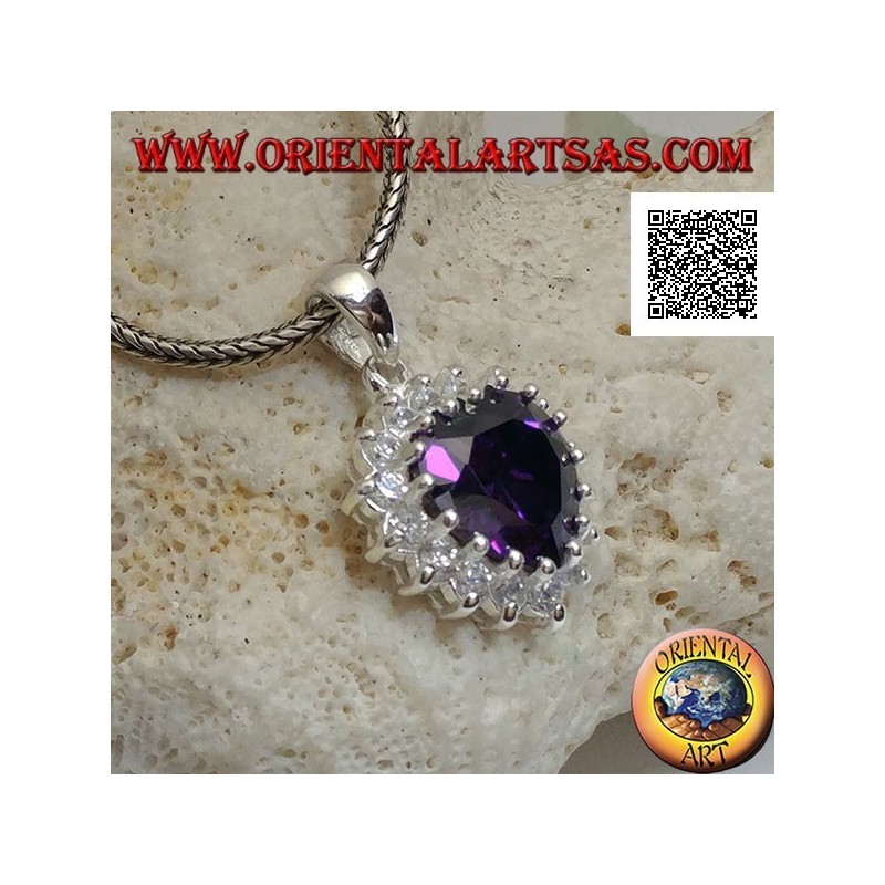 Silver pendant with amethyst colored zircon with a heart set surrounded by white zircons