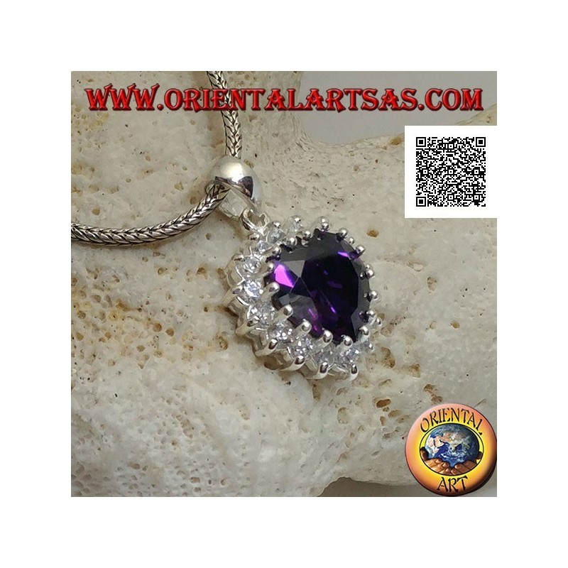 Pendentif en argent avec zircon couleur améthyste avec un coeur serti de zircons blancs