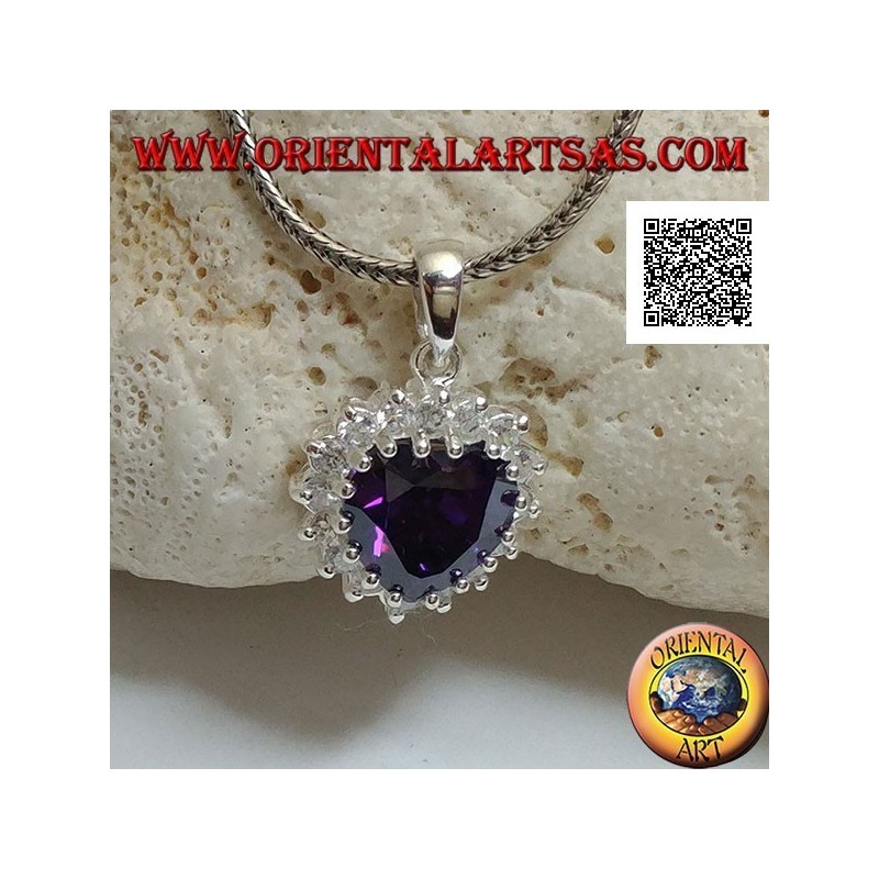 Pendentif en argent avec zircon couleur améthyste avec un coeur serti de zircons blancs