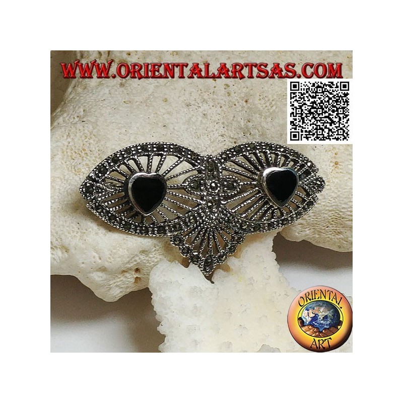 Spilla in argento con due cuori di onice su tela a filigrana con marcassite 