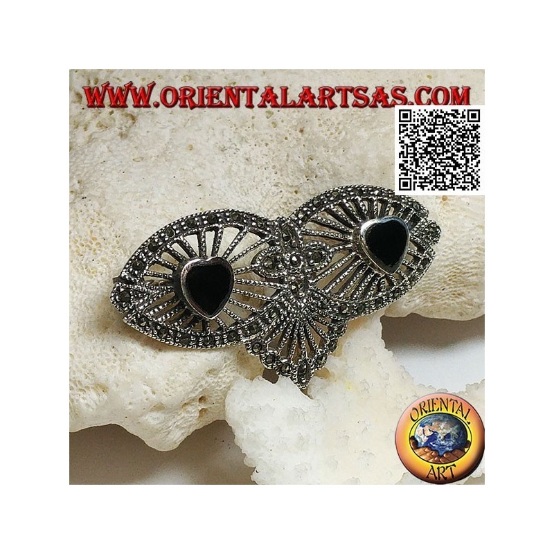 Silver brooch with two onyx hearts on filigree canvas with marcasite