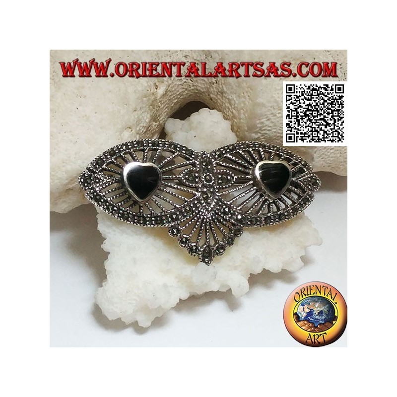 Broche en argent avec deux coeurs onyx sur toile filigrane avec marcassite