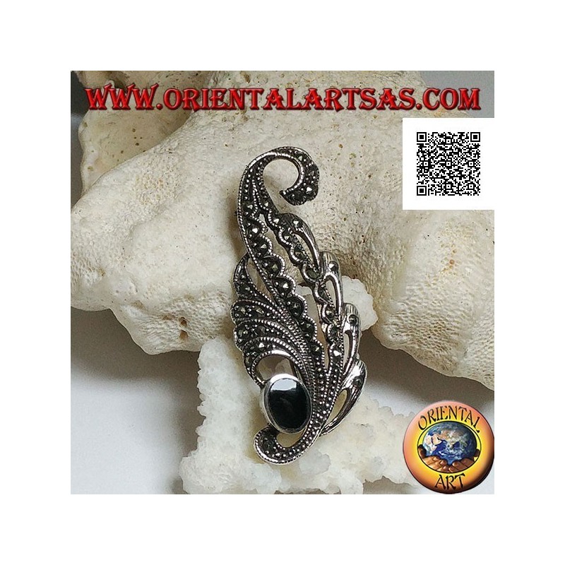 Broche en argent en forme de feuille parsemée de marcassite et d'onyx ovale