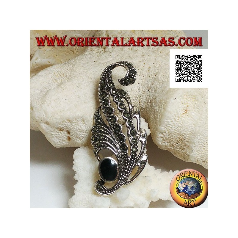 Broche en argent en forme de feuille parsemée de marcassite et d'onyx ovale