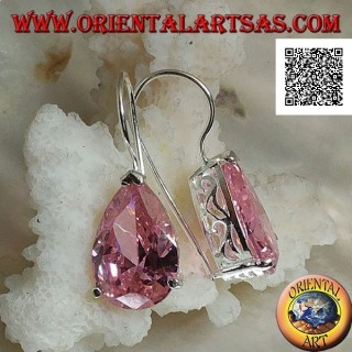 Pendientes colgantes de plata con circonita de lágrima rosa engastados en un marco con aberturas laterales
