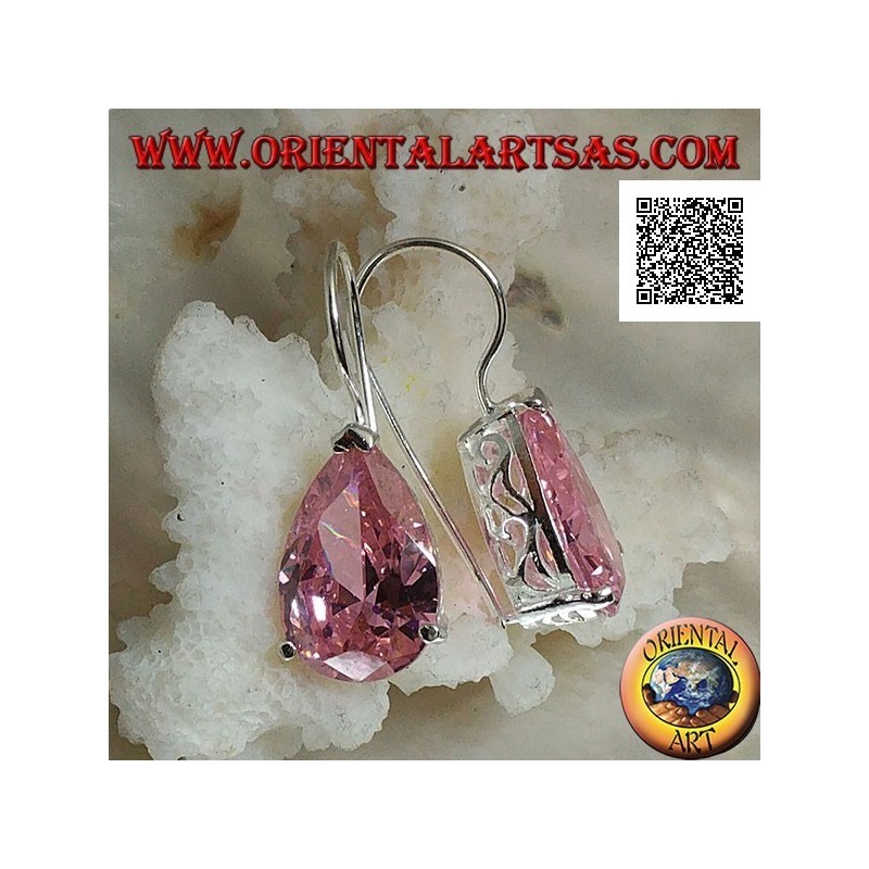 Dangling silver earrings with pink teardrop zircon set on a frame with lateral openings