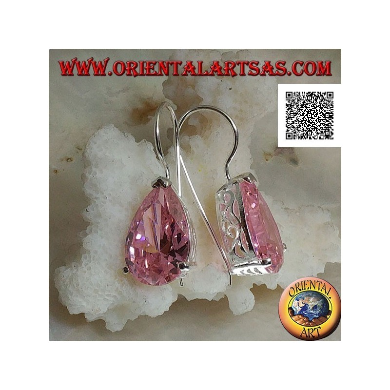 Orecchini in argento pendenti con zircone rosa a goccia incastonato su montatura con trafori laterali