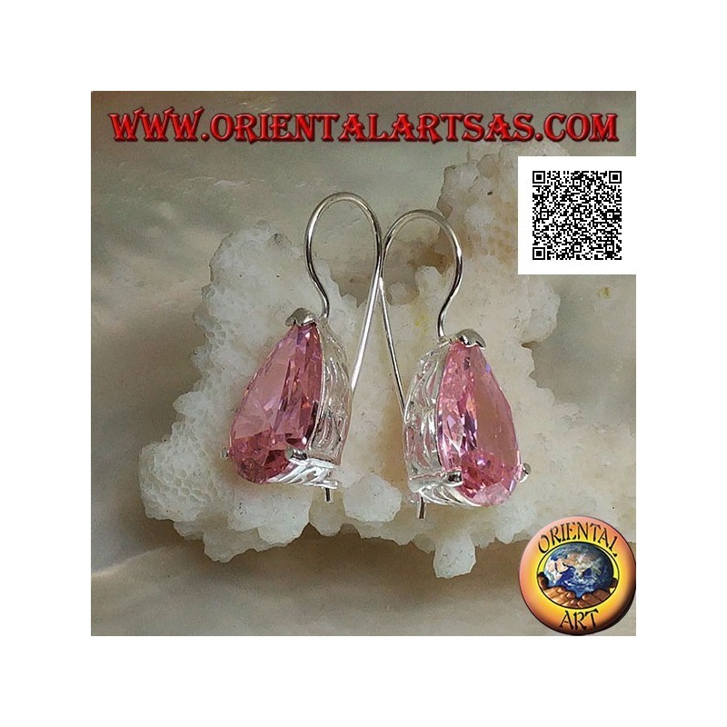 Orecchini in argento pendenti con zircone rosa a goccia incastonato su montatura con trafori laterali