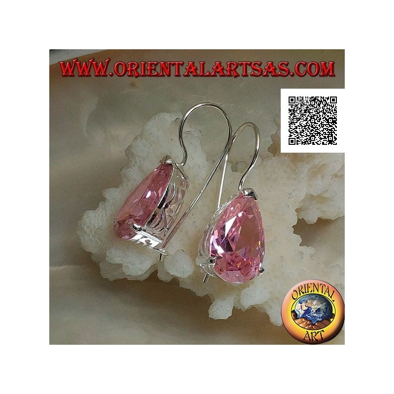 Orecchini in argento pendenti con zircone rosa a goccia incastonato su montatura con trafori laterali