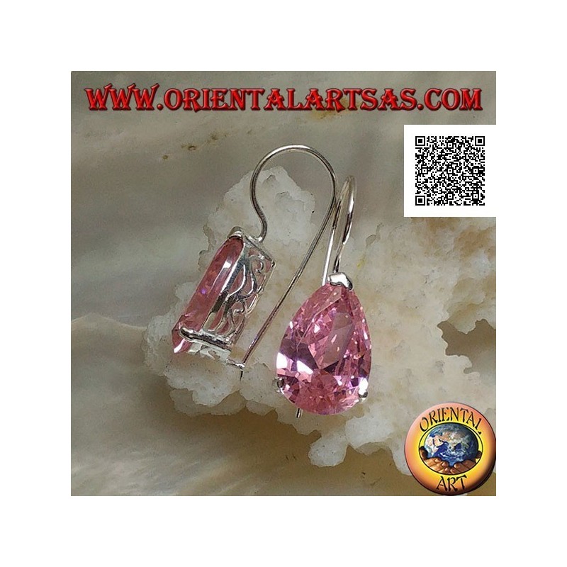 Orecchini in argento pendenti con zircone rosa a goccia incastonato su montatura con trafori laterali