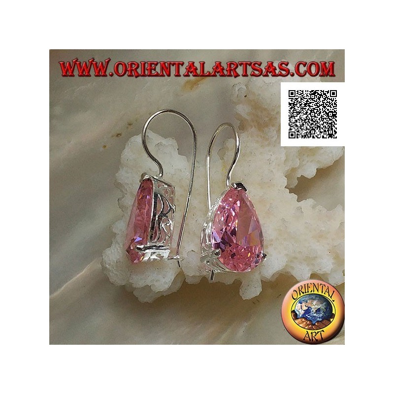 Boucles d'oreilles pendantes en argent avec zircon rose en forme de larme serties sur un cadre avec ouvertures latérales