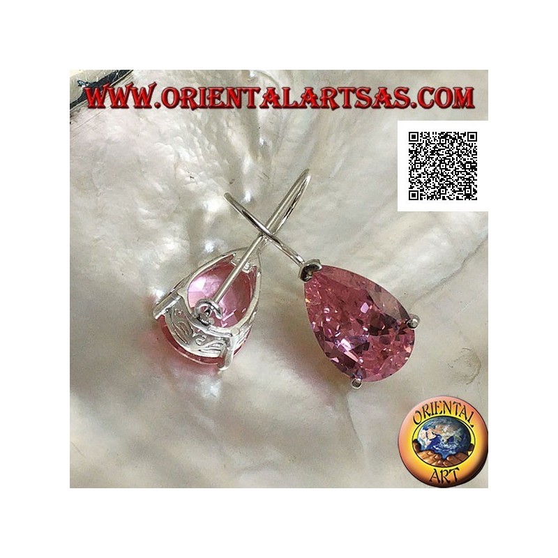 Boucles d'oreilles pendantes en argent avec zircon rose en forme de larme serties sur un cadre avec ouvertures latérales