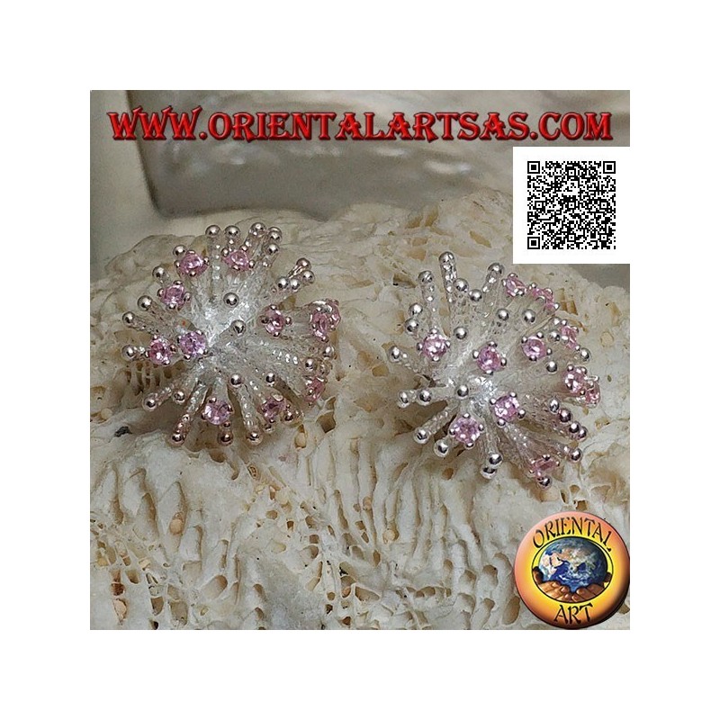 Silberne Ohrringe in Form einer Seeanemone mit Satin-Finish und rosa Zirkonen