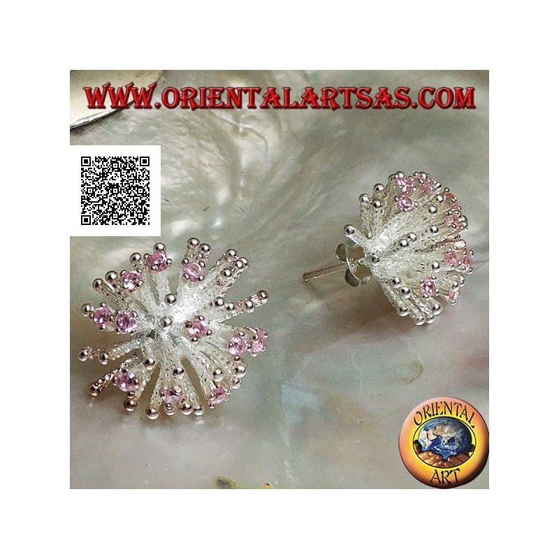 Silberne Ohrringe in Form einer Seeanemone mit Satin-Finish und rosa Zirkonen