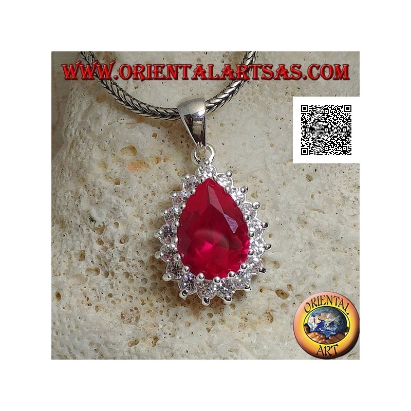 Silver pendant with drop-shaped ruby-colored zircon surrounded by white zircons
