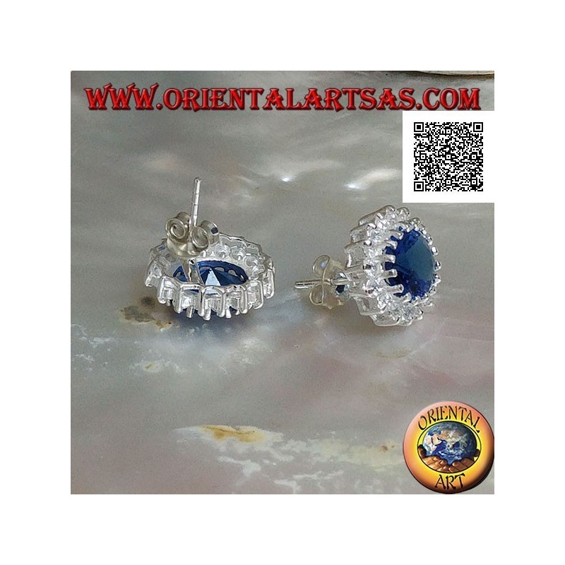 Boucles d'oreilles en argent avec zircon saphir ovale sertis de zircons blancs