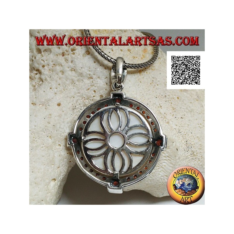 Cameo silver pendant of a young lady on mother of pearl surrounded by garnets