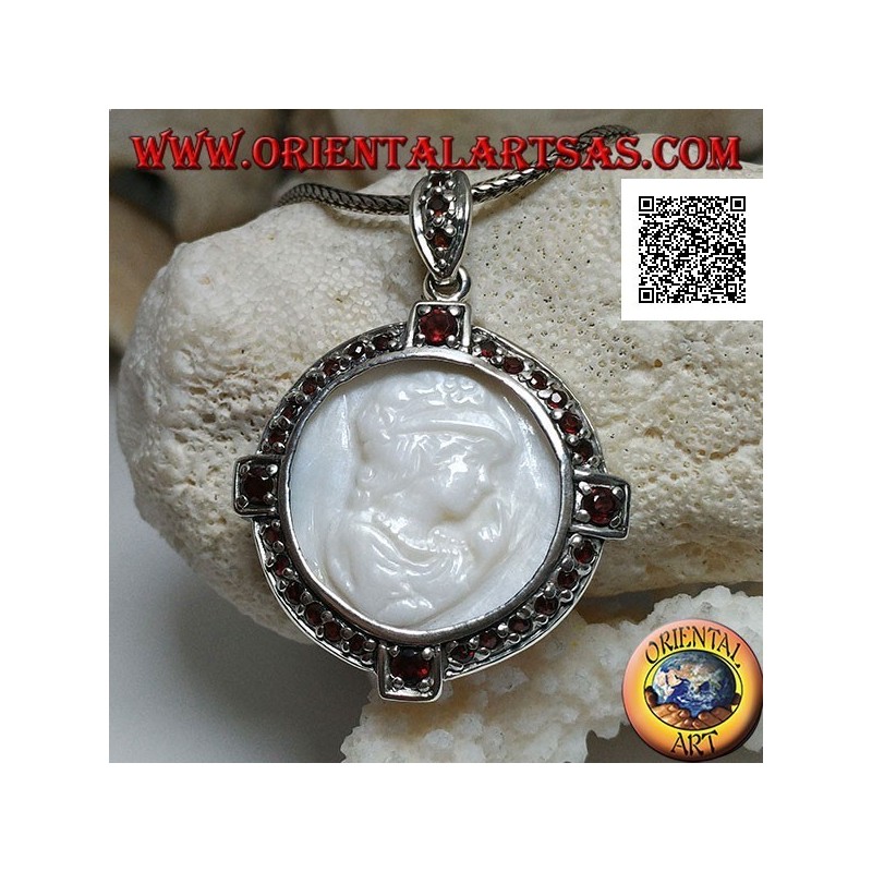 Cameo silver pendant of a young lady on mother of pearl surrounded by garnets